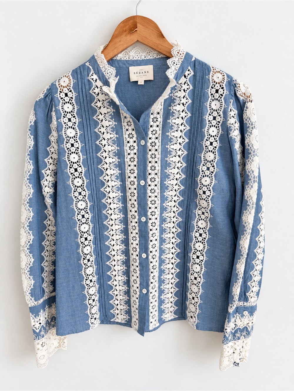 Sézane Rym Blue Chambray Lace Embroidered Blouse Size 36/US 4